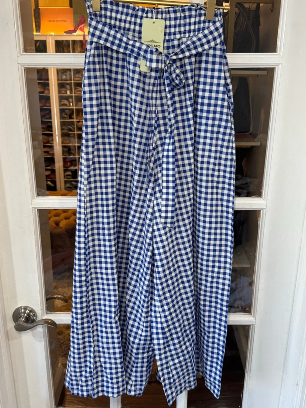 💙🤍💙 Blue and White Gingham Wide Leg Tie-Waist Culotte Capri Flowy Gaucho - Picture 2 of 7